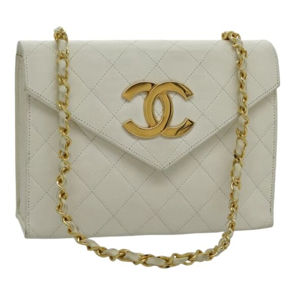 CHANEL Matelasse Big COCO Mark Chain Bag Lamb Skin White Gold CC Auth yk15609AV - Picture 1 of 15